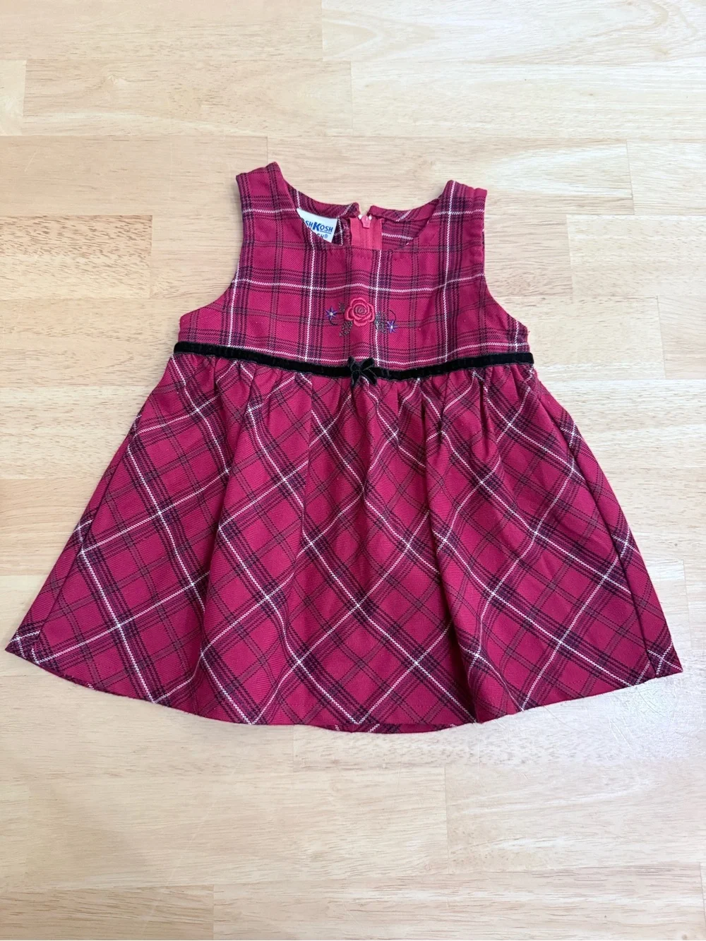 Vintage Y2K Oshkosh B’Gosh Red Plaid Embroidered Floral A Line Dress 12 Months